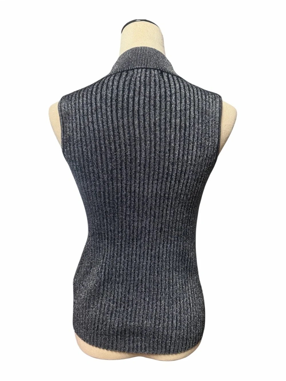 Carmen Marc Valvo Charcoal Metallic Sleeveless Mock Neck Top - Picture 2 of 7